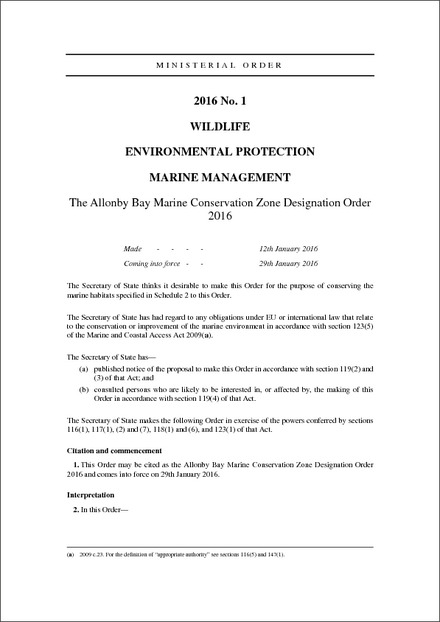 The Allonby Bay Marine Conservation Zone Designation Order 2016