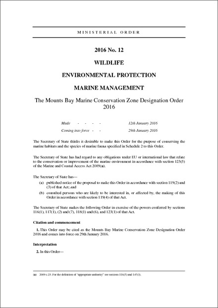 The Mounts Bay Marine Conservation Zone Designation Order 2016