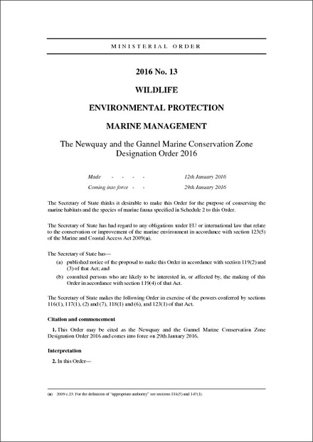 The Newquay and the Gannel Marine Conservation Zone Designation Order 2016
