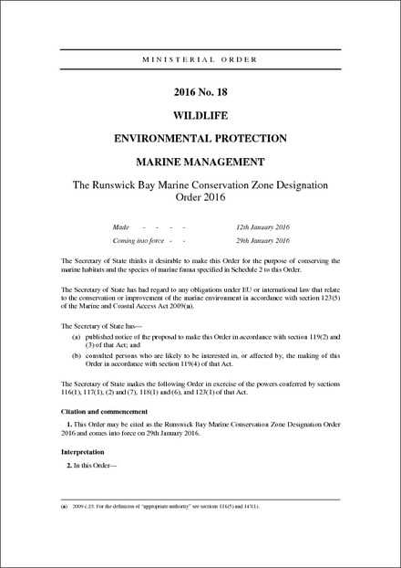 The Runswick Bay Marine Conservation Zone Designation Order 2016