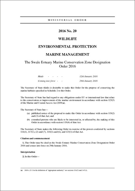 The Swale Estuary Marine Conservation Zone Designation Order 2016