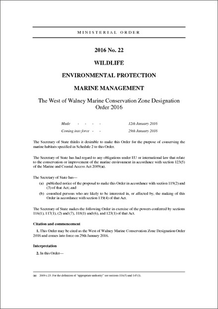 The West of Walney Marine Conservation Zone Designation Order 2016
