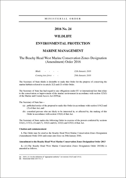 The Beachy Head West Marine Conservation Zones Designation (Amendment) Order 2016