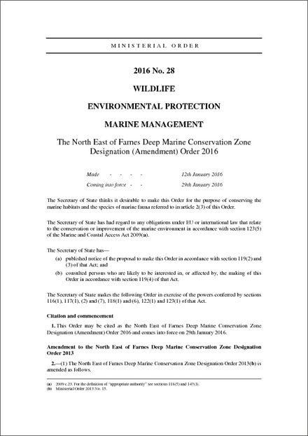 The North East of Farnes Deep Marine Conservation Zone Designation (Amendment) Order 2016