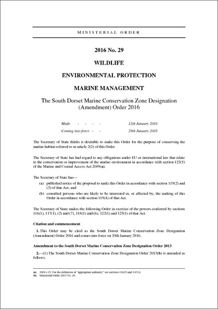The South Dorset Marine Conservation Zone Designation (Amendment) Order 2016