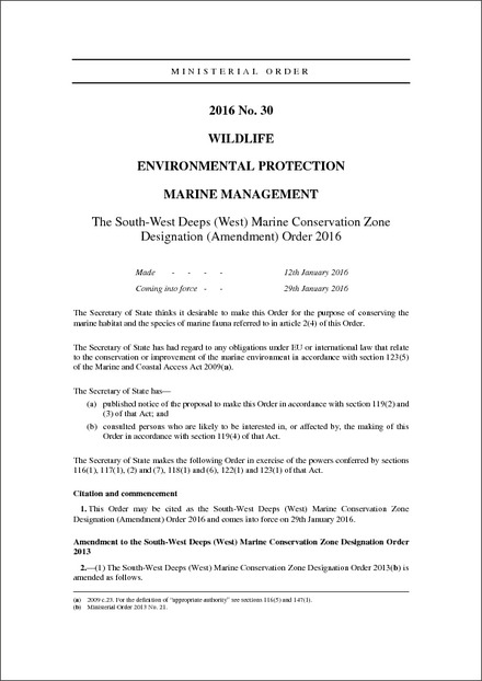 The South-West Deeps (West) Marine Conservation Zone Designation (Amendment) Order 2016