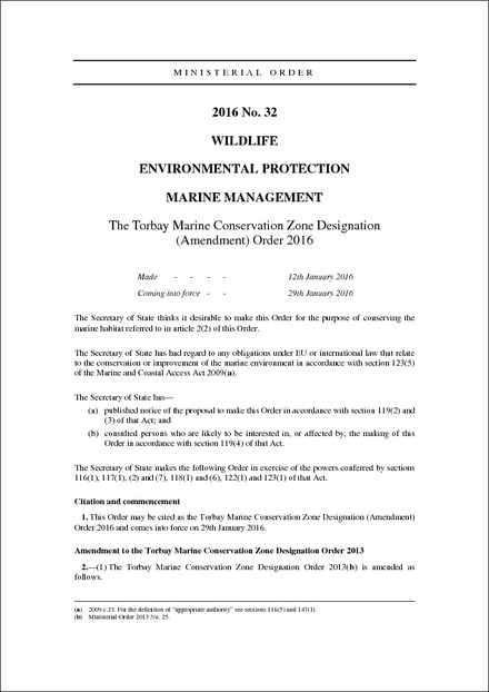 The Torbay Marine Conservation Zone Designation (Amendment) Order 2016