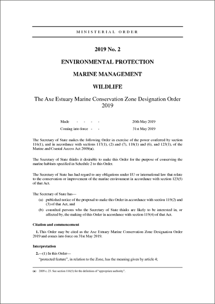 The Axe Estuary Marine Conservation Zone Designation Order 2019