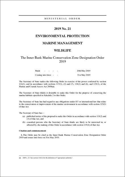 The Inner Bank Marine Conservation Zone Designation Order 2019