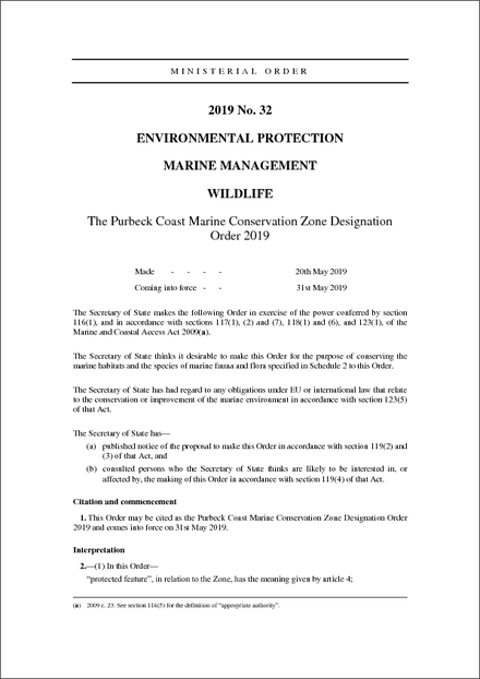 The Purbeck Coast Marine Conservation Zone Designation Order 2019