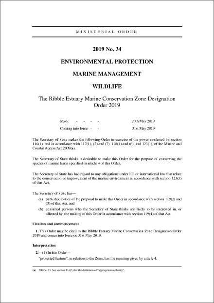 The Ribble Estuary Marine Conservation Zone Designation Order 2019