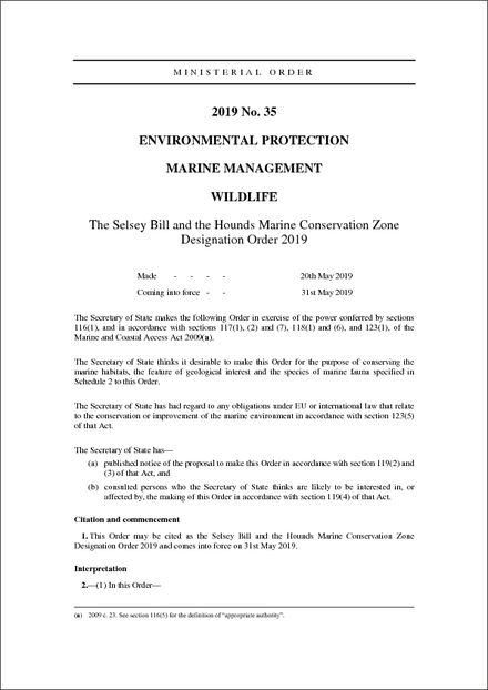 The Selsey Bill and the Hounds Marine Conservation Zone Designation Order 2019
