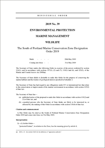 The South of Portland Marine Conservation Zone Designation Order 2019