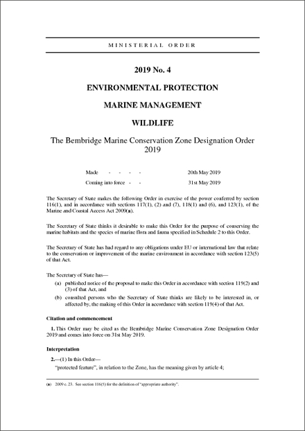 The Bembridge Marine Conservation Zone Designation Order 2019