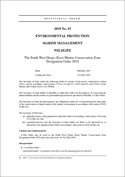 The South West Deeps (East) Marine Conservation Zone Designation Order 2019