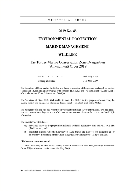 The Torbay Marine Conservation Zone Designation (Amendment) Order 2019