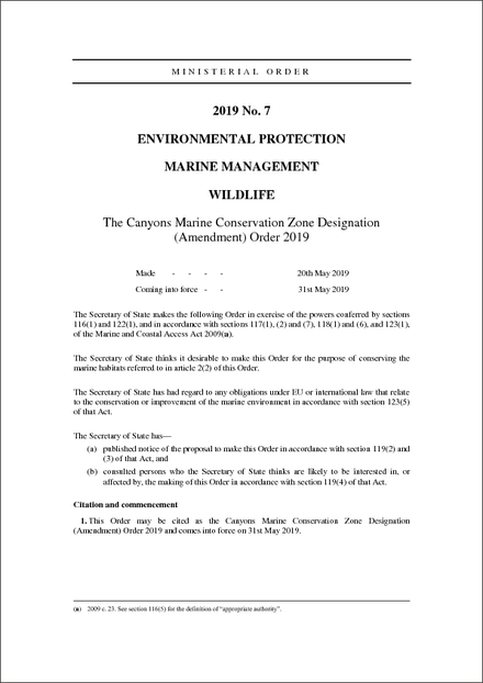 The Canyons Marine Conservation Zone Designation (Amendment) Order 2019