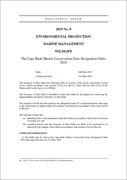 The Cape Bank Marine Conservation Zone Designation Order 2019