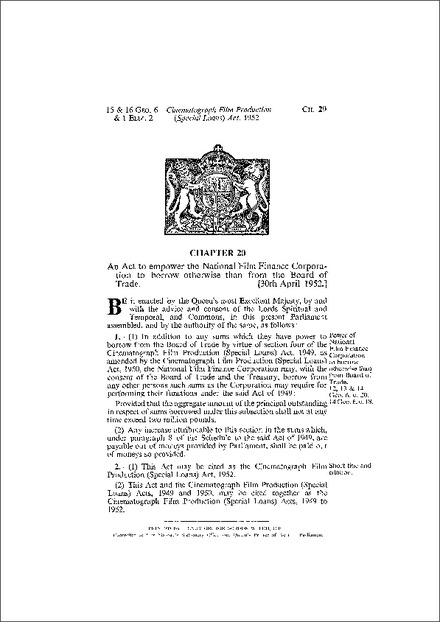 Cinematograph Film Production (Special Loans) Act 1952