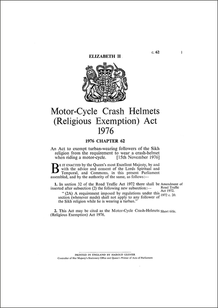 Motor-Cycle Crash Helmets (Religious Exemption) Act 1976