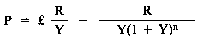 Formula - P equals £(R divided by Y) minus (R divided by (Y(1 plus Y) to the power of n))