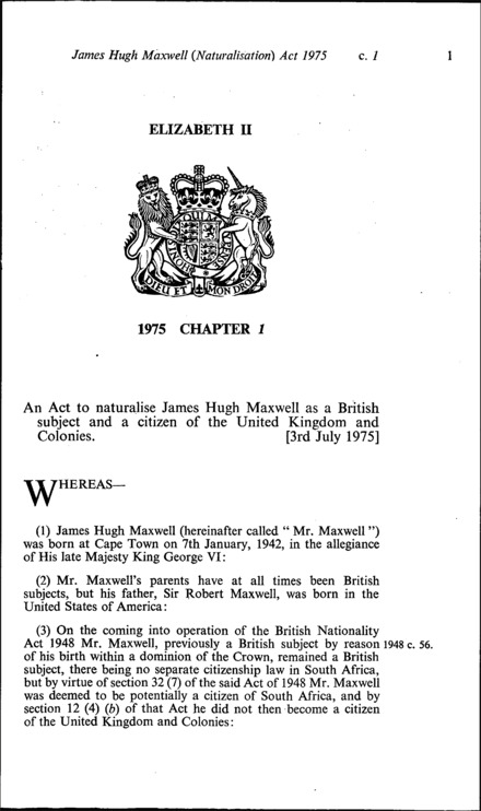 James Hugh Maxwell (Naturalization) Act 1975