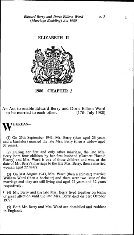 Edward Berry and Doris Eilleen Ward (Marriage Enabling) Act 1980