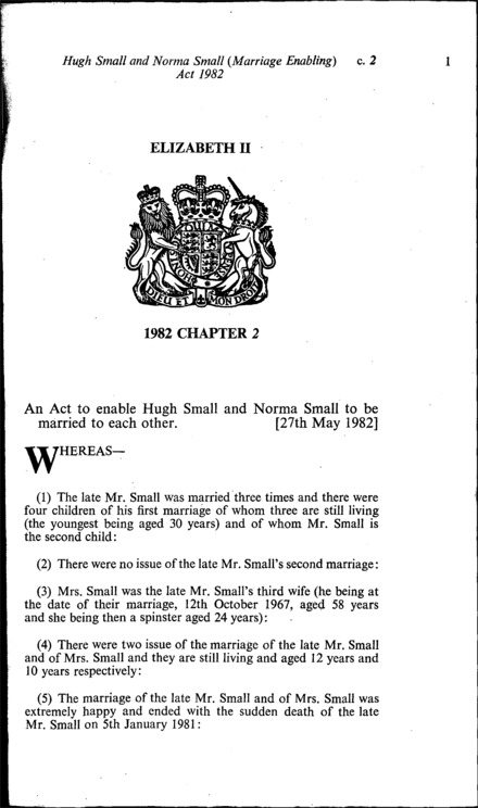 Hugh Small and Norma Small (Marriage Enabling) Act 1982