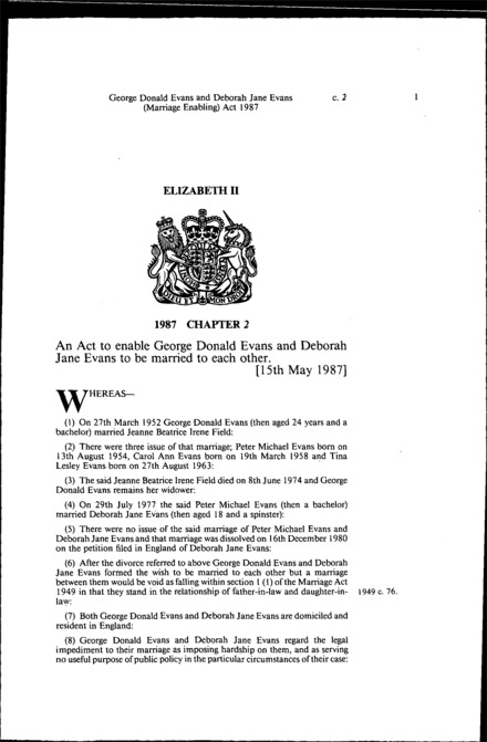 George Donald Evans and Deborah Jane Evans (Marriage Enabling) Act 1987