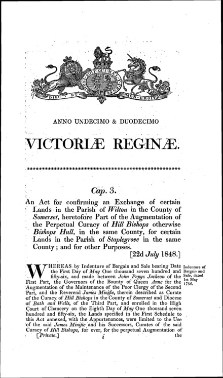 Bishop's Hull (Somerset) curacy estate: exchange of land in Wilton for land in Staplegrove Act 1848