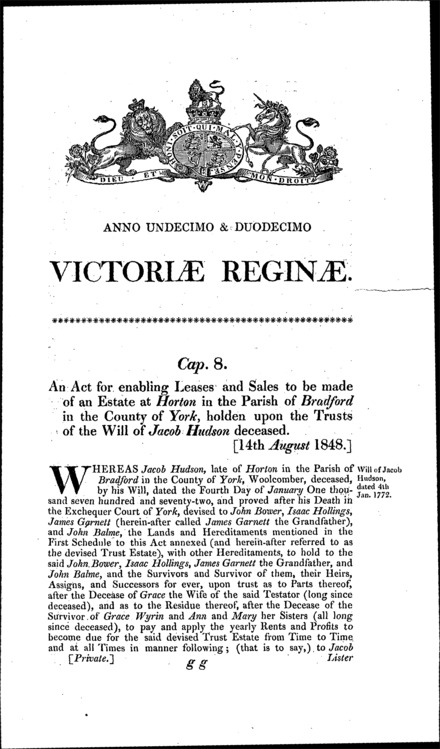 Jacob Hudson's settlement: enabling leases and sales of an estate in Horton (Bradford) (Yorkshire, West Riding) Act 1848