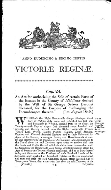 Sir George Osborn's estate: authorizing sale of devised estates in Middlesex for discharge of incumbrances Act 1849