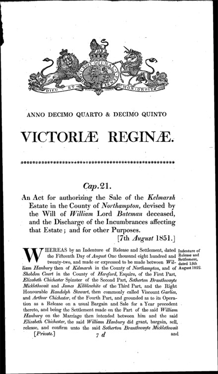 Lord Bateman's Kelmarsh Estate Act 1851