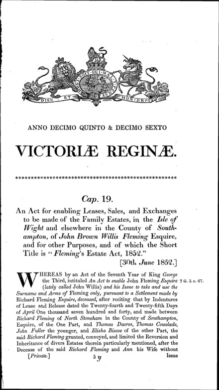 Fleming's Estate Act 1852