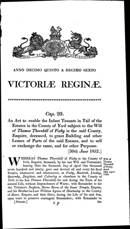 Thornhill's Estate Act 1852