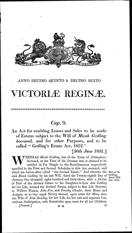 Gedling's Estate Act 1852