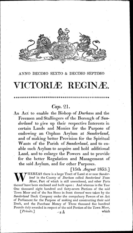 The Sunderland Orphan Asylum Act 1853