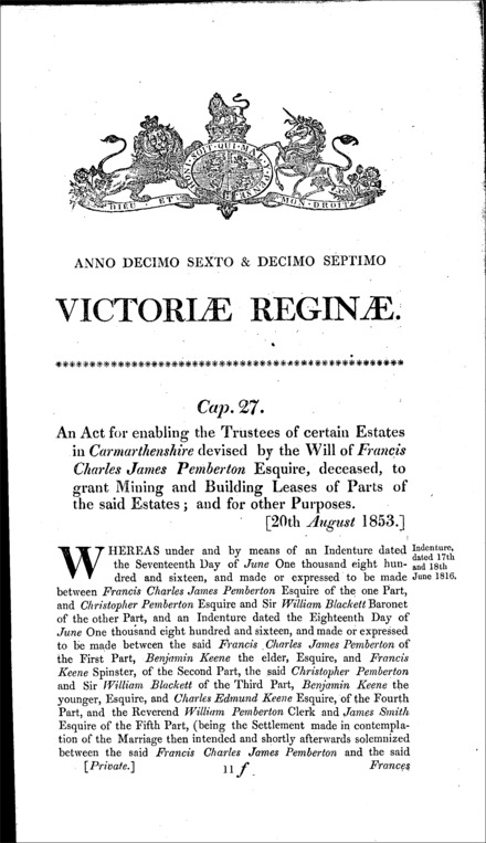 Pemberton's Estate Act 1853
