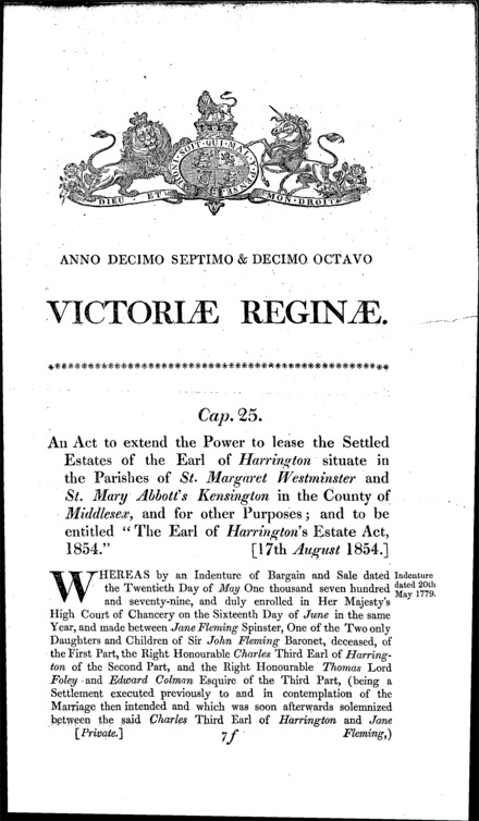 The Earl of Harrington's Estate Act 1854