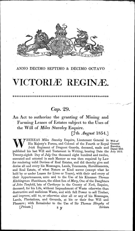 Staveley's Estate Act 1854