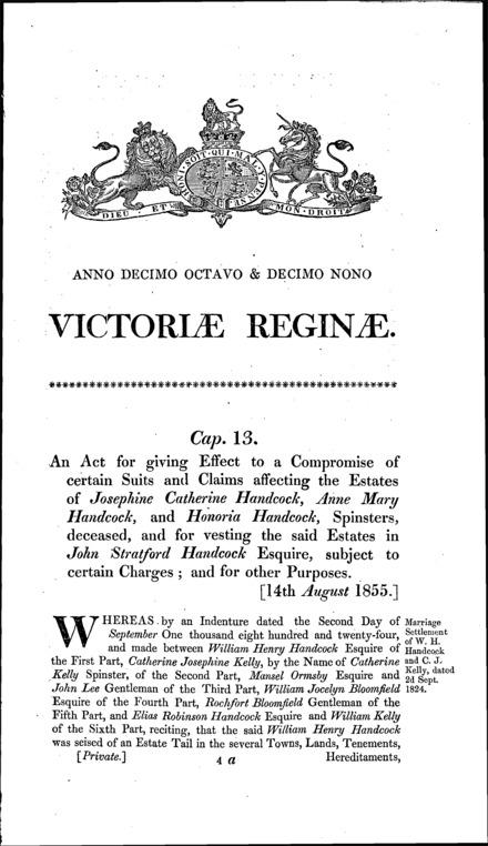 Handcock's Estate Act 1855