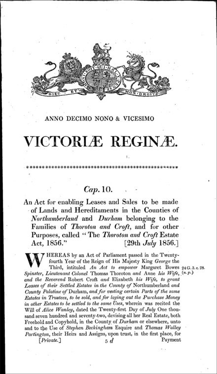 The Thoroton and Croft Estate Act 1856