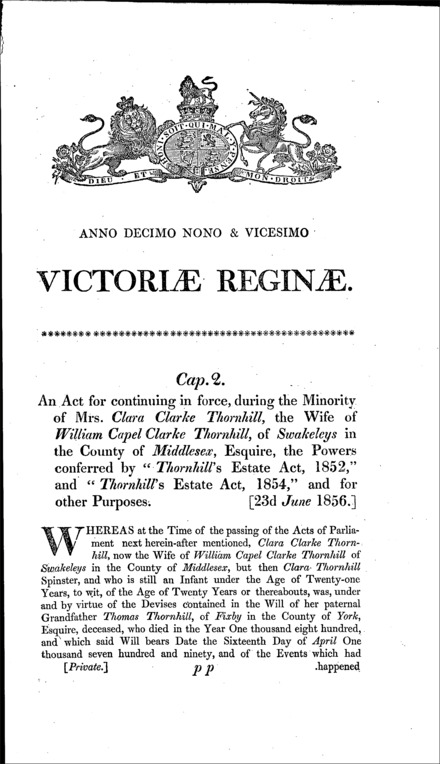 Thornhill's Estate Act 1856