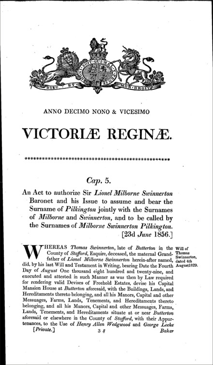 Sir Lionel Milborne Swinnerton: change of name to Milborne Swinnerton Pilkington Act 1856