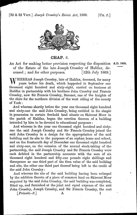 Joseph Crossley's Estate Act 1869