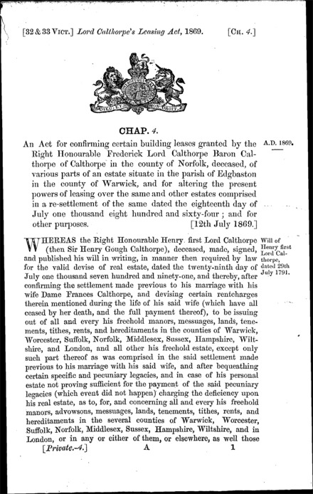 Lord Calthorpe's Leasing Act 1869