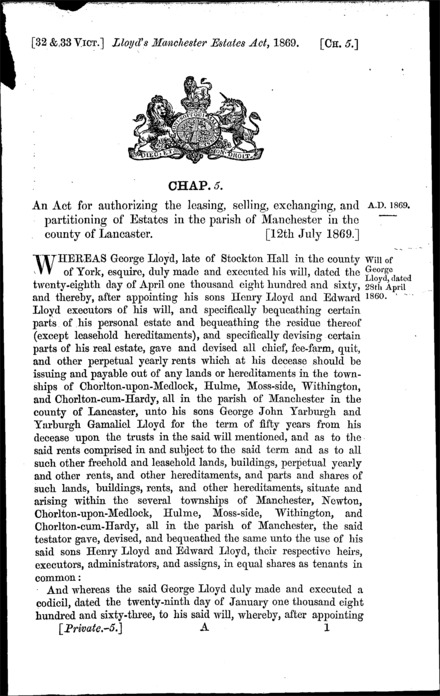 Lloyd's Manchester Estates Act 1869