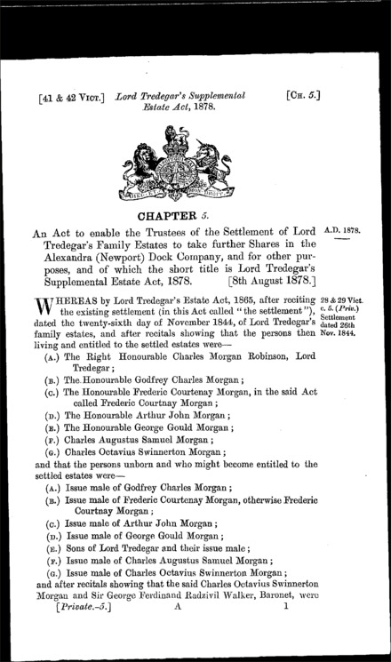 Lord Tredegar's Supplemental Estate Act 1878