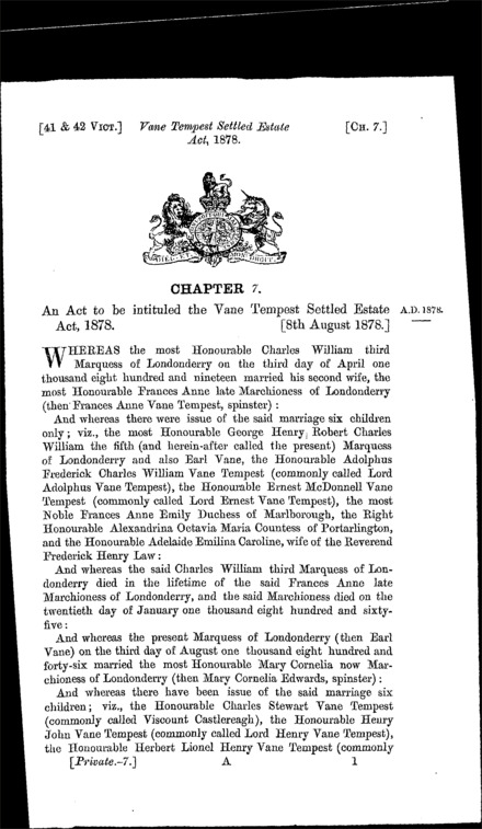 Vane Tempest Settled Estate Act 1878