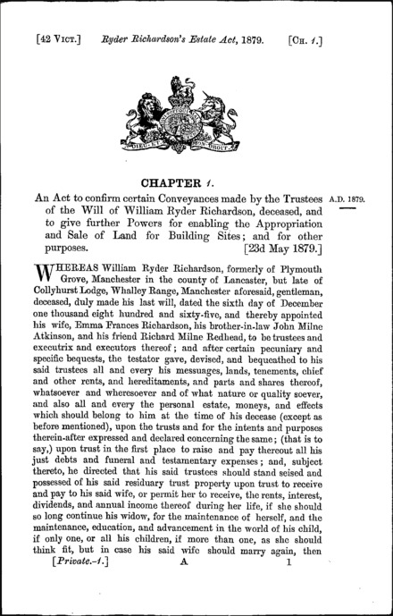 Ryder Richardson's Estate Act 1879